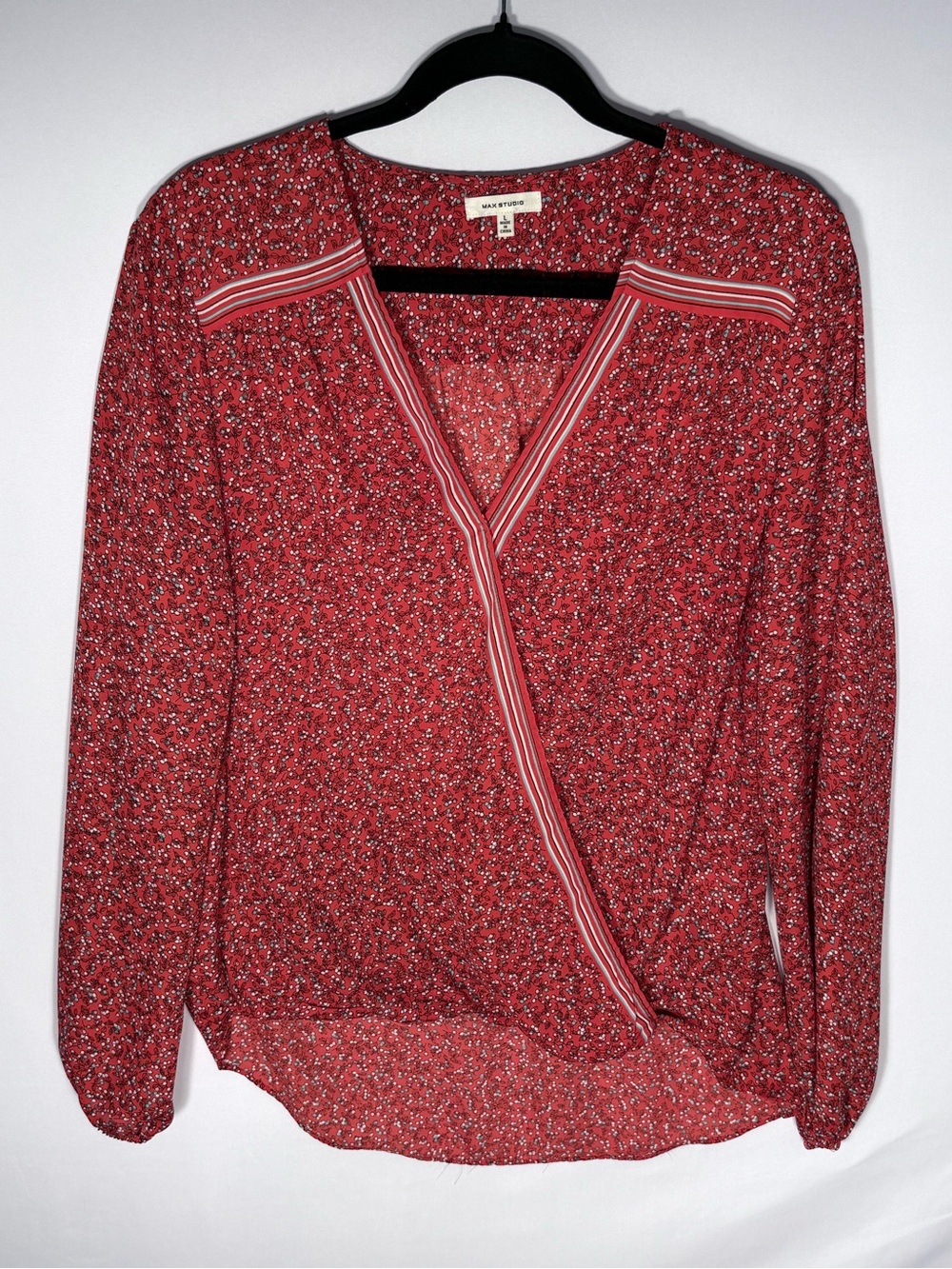 Max Studio Red Floral Long Sleeve Faux Wrap Blouse Size L